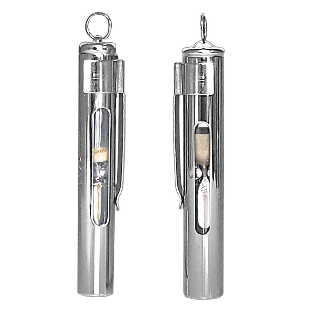 Metall-Sanduhr mit Schlüsselring und transparentem Glaszylinder, Ansteckclip