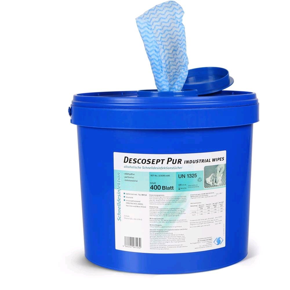 Desinfektionstücher im blauen Spender-Eimer, Tuch herausgezogen