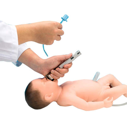 Neugeborenen-Trainingspuppe im Intubations-Training, Laryngoskop am Mund