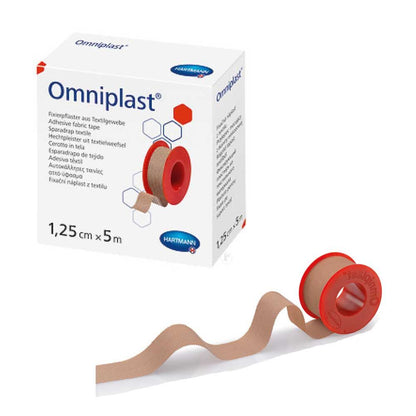 Gewebe-Pflasterrolle Omniplast: beiger Textilpflasterstreifen auf roter Rolle