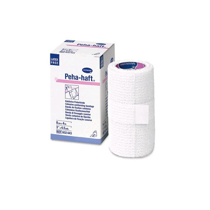 Elastische Fixierbinde, latexfrei: weiße Rolle neben Hartmann-Produktbox