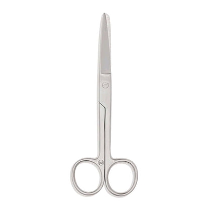 Gerade chirurgische Schere von Hartmann, Metallisch glänzende Klinge, zwei Ringgriffe (seitlich)