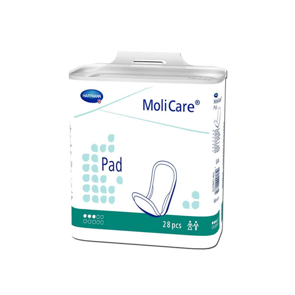 MoliCare Inkontinenz-Pad, blaugrün, 28 Stk, mit Flügel-/Pad-Symbol.