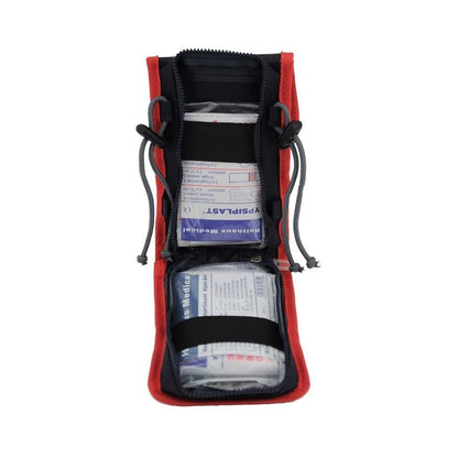 Befüllte Verbandtasche Alpin-Set, geöffnet: mehrere Verband- und Pflasterrollen