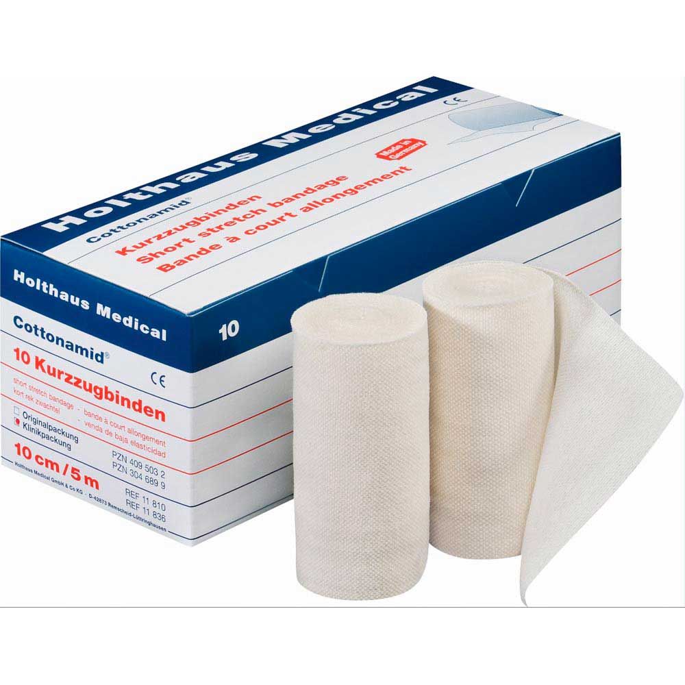 Medizinische Kurzzugbinde aus Baumwollamid, hellbeige, als Rollen; Packung mit 10 Stück