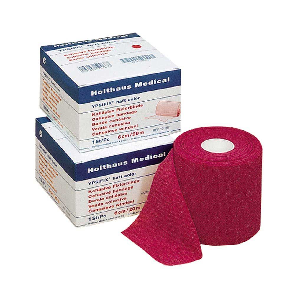 Pinkfarbene YPSIFIX® Fixierbinde haftend, Bandrolle mit beschrifteten Kartons