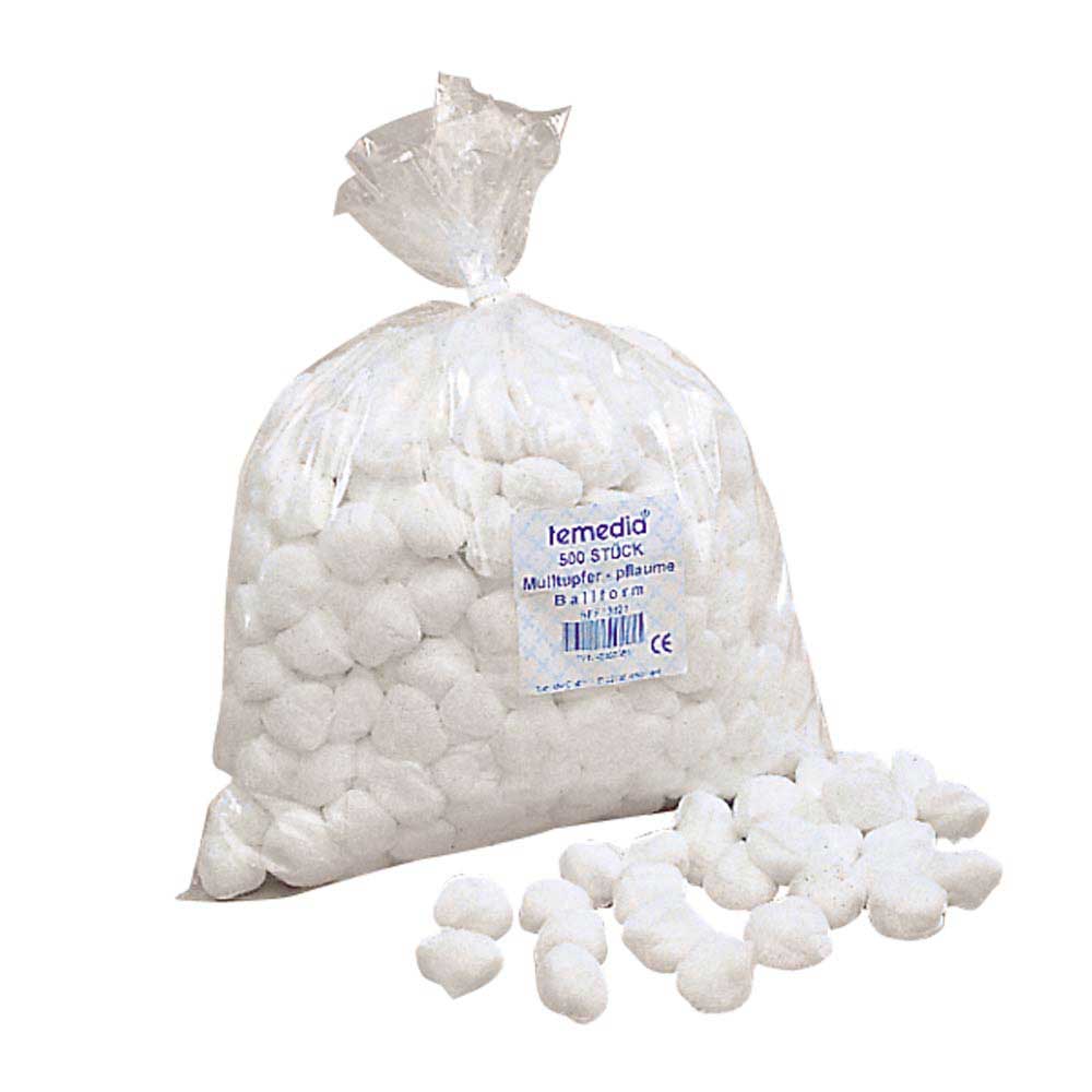 Unsterile Schlinggazetupfer, ballförmig, weiß; Beutel mit Etikett, Tupfer sichtbar in Nahansicht