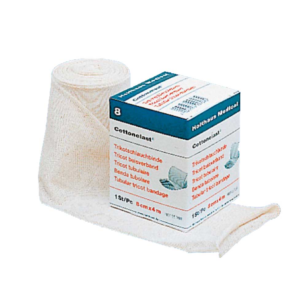 Holthaus Medical Cottonelast® Trikotschlauchbinde: weiße Binde-Rolle neben Verpackung