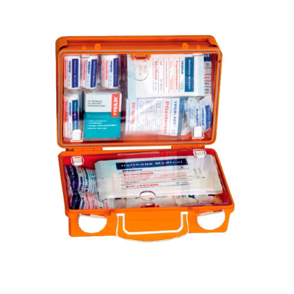 Holthaus Medical leerer QUICK Erste-Hilfe-Koffer mit geöffnetem Deckel und Fächern