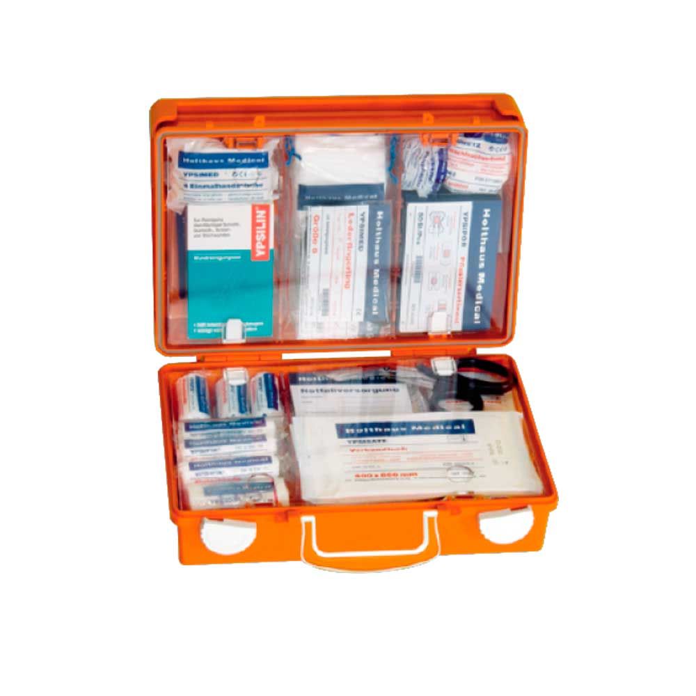 Holthaus Medical SAN Erste-Hilfe-Koffer, geöffnet: orangefarbener Kasten mit Verbandmaterial