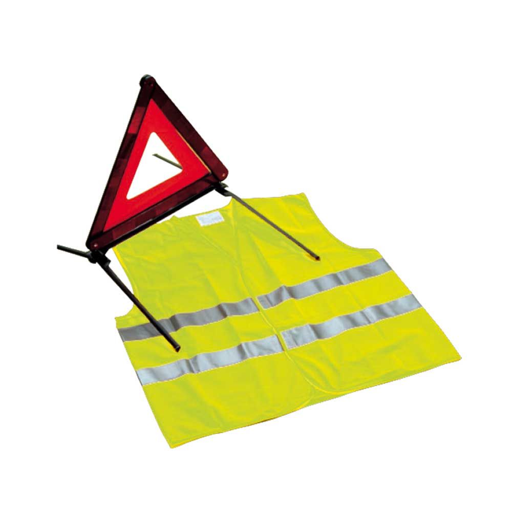 Gelbe Warnweste mit reflektierenden Streifen, inkl. rotem Warndreieck