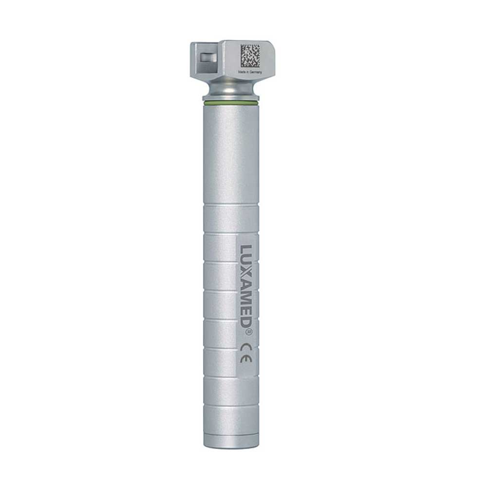 Luxamed F.O. Laryngoskop-Griff, silberner Handgriff mit Kopfanschluss, seitliche Ansicht