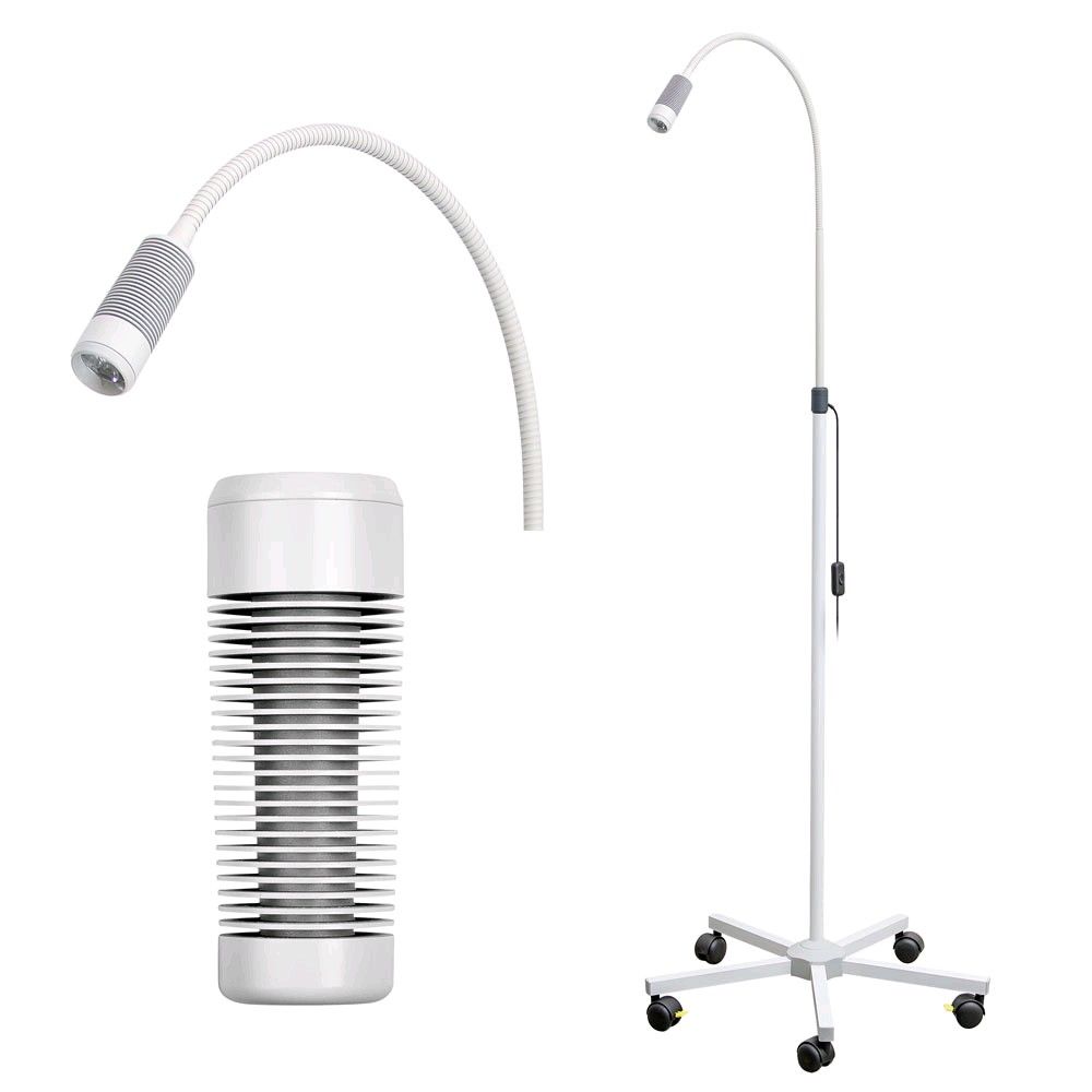 LED-Untersuchungsleuchte mit Rollstativ und weiß-silberner zylindrischer Leuchte