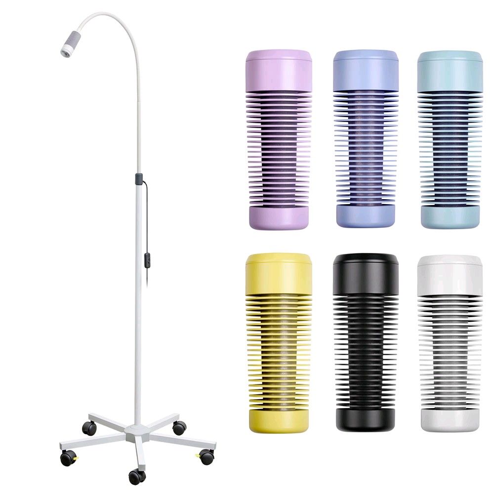 LED-Untersuchungsleuchte mit Rollstativ und austauschbaren Farbkappen (gelb, weiß, blau, flieder)
