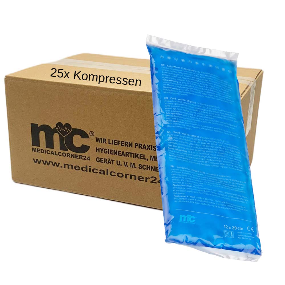 Kartonpackung „25x Kompressen“ mit blauer Gel-Kompresse, Folienbeutel sichtbar
