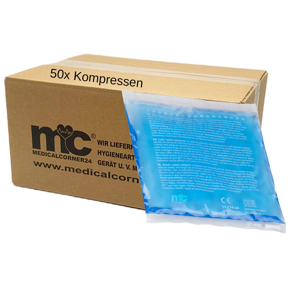 Kartonpackung mit blauer Gel-Kompressen-Tüte, Beschriftung sichtbar, 50x Kompressen