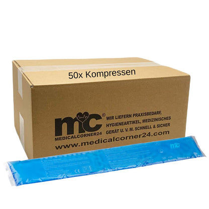 Medicalcorner24 Karton 50x Kompressen mit blauem Gel-Pad im Folienbeutel