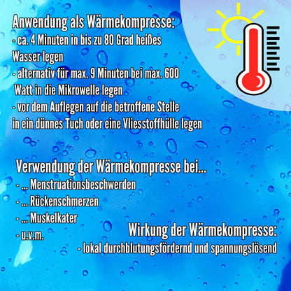 Gel-Wärmekompressen mit Temperatur-Symbol und Anwendungshinweisen