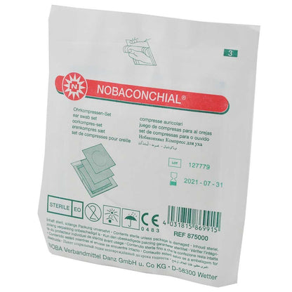 NOBACONCHIAL® Ohrenkompressen-Set, Rückseite mit Produktangaben und CE-Zeichen