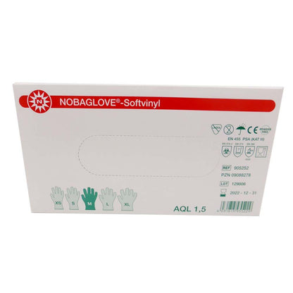 Einmal-Handschuhbox NOBAGLOVE®-Softvinyl mit Größen XS–XL, AQL 1,5 und Lot-Infos.