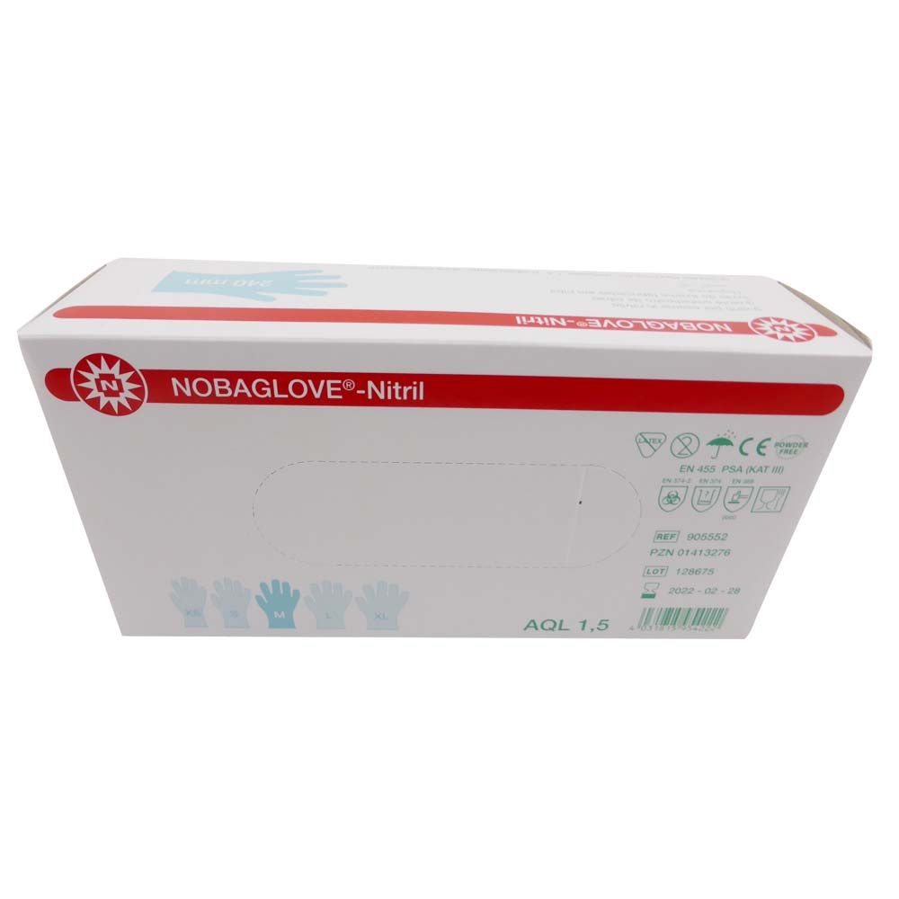 NOBAGLOVE®-Nitril Nitrilhandschuhe (blau) in Kartonverpackung, Vorderseite