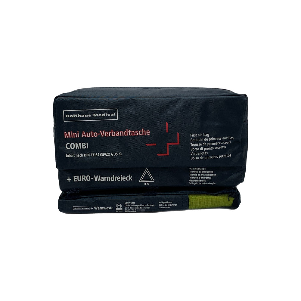 Mini Auto-Verbandtasche COMBI, dunkelblau, Seitenansicht mit Beschriftung und Faltteilen