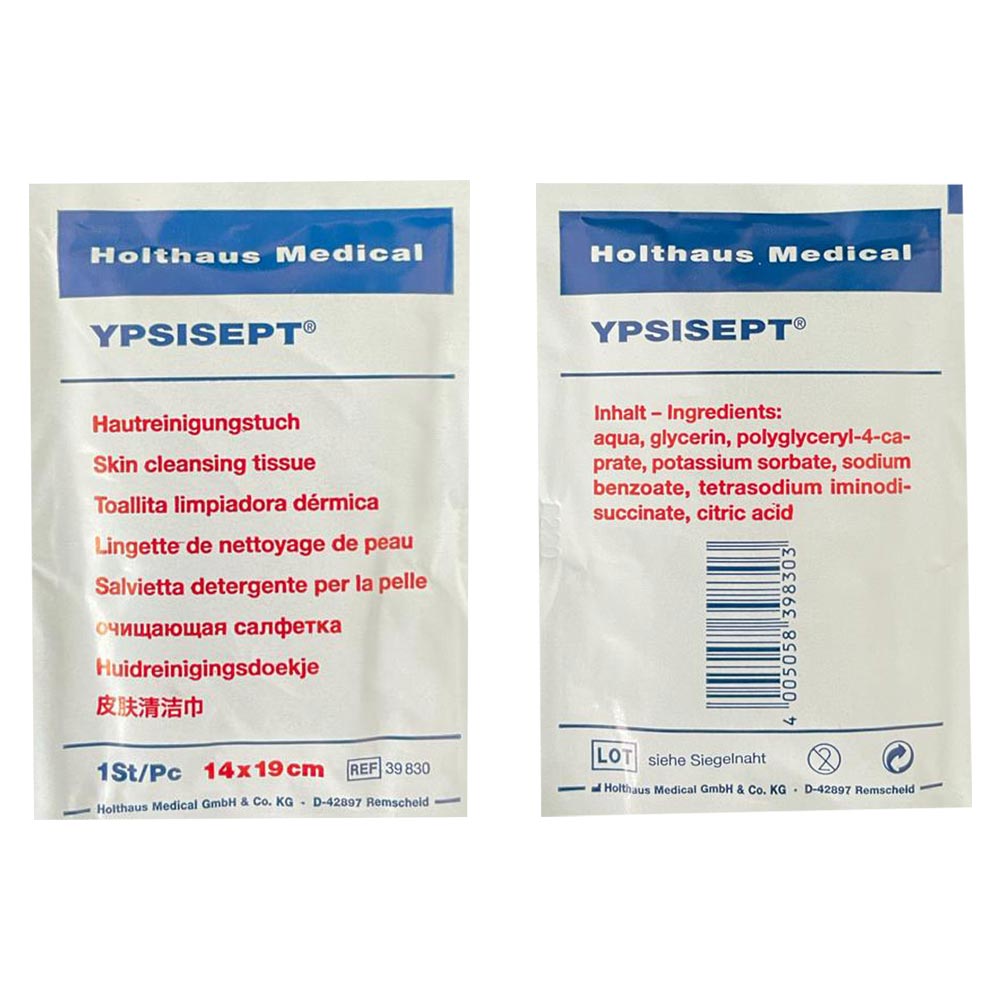 Hautreinigungstuch YPSISEPT® Packungen im Vergleich: Vorder- und Rückseite.
