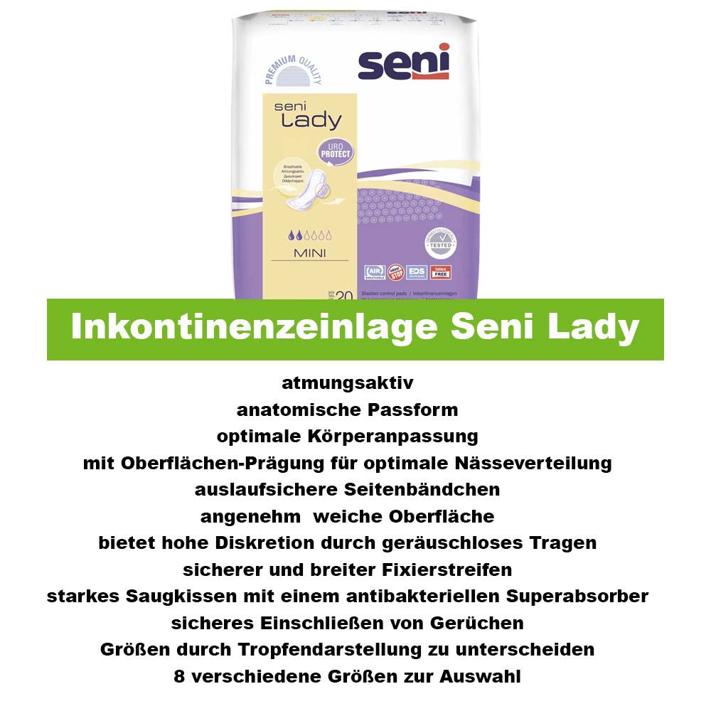 Seni Lady Inkontinenzeinlage Mini: atmungsaktiv, anatomische Passform, sichere Geruchskontrolle.