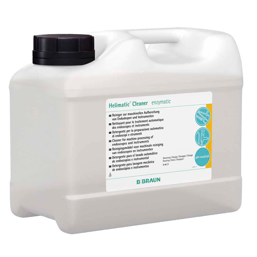 Enzymatischer Reiniger-Kanister Helimatic® Cleaner mit schwarzem Deckel, Etikett sichtbar
