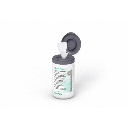 B.Braun Wipes mini Tuchspender, Deckel geöffnet: Tuch ragt aus dem Spender
