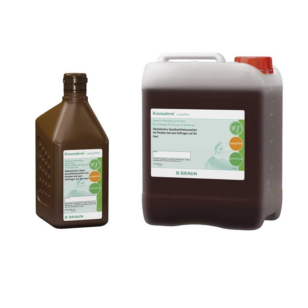 Hautdesinfektion B.Braun Braunoderm® in brauner Flasche und großem Kanister
