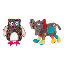 Schmusetier-Set: braune Eule und Elefant mit bunten Applikationen und Knopfaugen