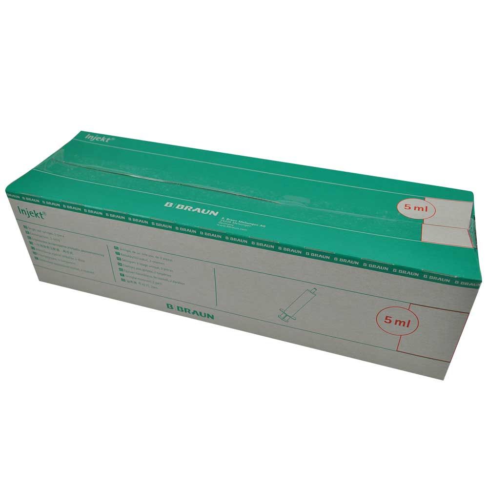 Grüne Einmalspritzen-Box mit „5 ml“-Aufdruck