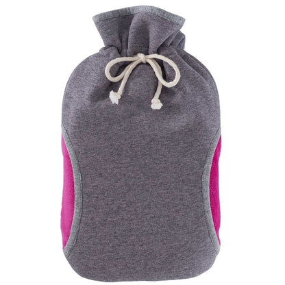 Öko-Wärmflasche 2,0 l mit Muff-Bezug, meliert grau mit pinken Seiten und Kordelzug