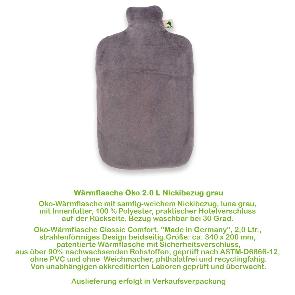 Wärmflasche mit Nickibezug in Grau, Vorderansicht