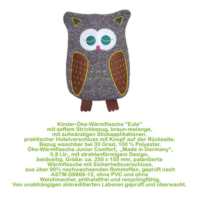 Wärmflasche mit Strickbezug Eule, grau meliert, große Augen und braune Flügel