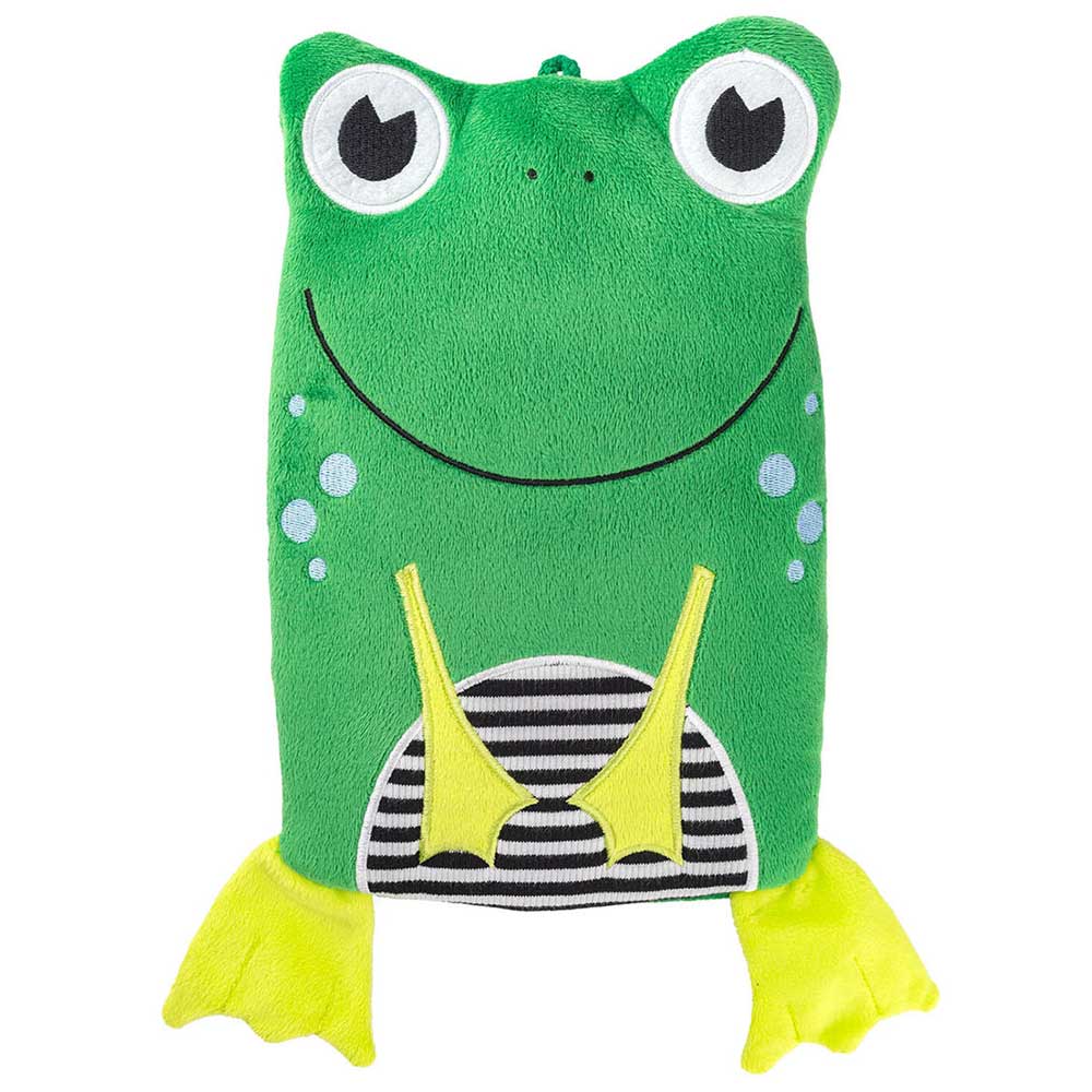 Öko-Wärmflasche mit grünem Frosch-Veloursbezug, große Augen und gelber Bauchpartie