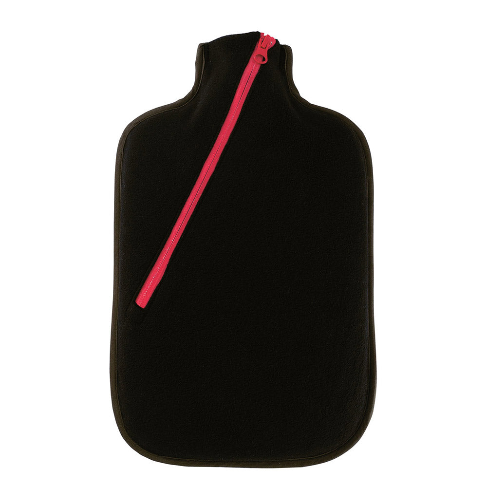 Öko-Wärmflasche mit Softshell-Bezug schwarz, Reißverschlussband rot, Tropfenform