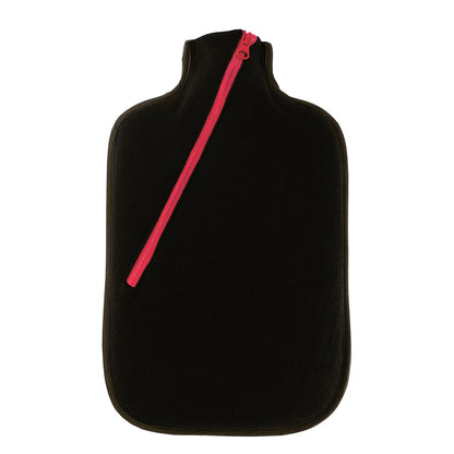 Öko-Wärmflasche mit Softshell-Bezug schwarz, Reißverschlussband rot, Tropfenform