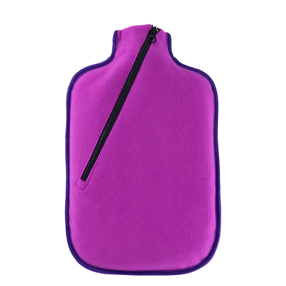 Öko-Wärmflasche mit Softshell-Bezug lila, schwarzes Reißverschlussband, geformt