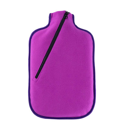 Öko-Wärmflasche mit Softshell-Bezug lila, schwarzes Reißverschlussband, geformt