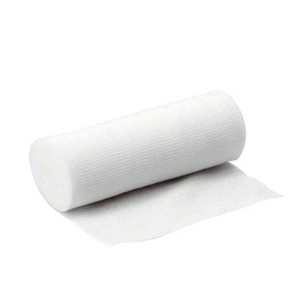 Elastischer Fixierverband-Rolle, weiß, zeigt Textur und ausgerollten Streifen