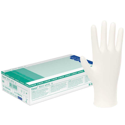Nitrilhandschuhe Vasco® aus weißem Nitril, weiße Handschuh-Hand neben Karton