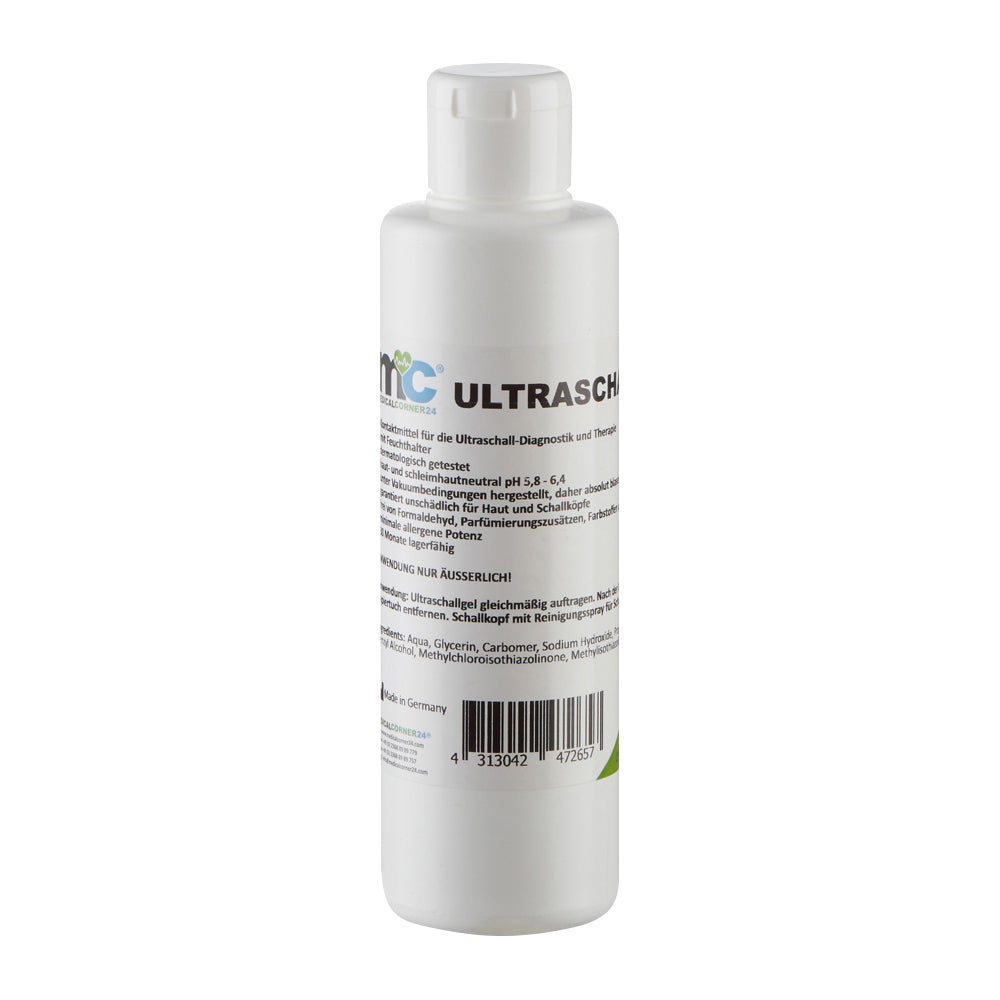 Ultraschallgel-Kontaktgel, einzelne weiße Flasche mit Etikett frontal