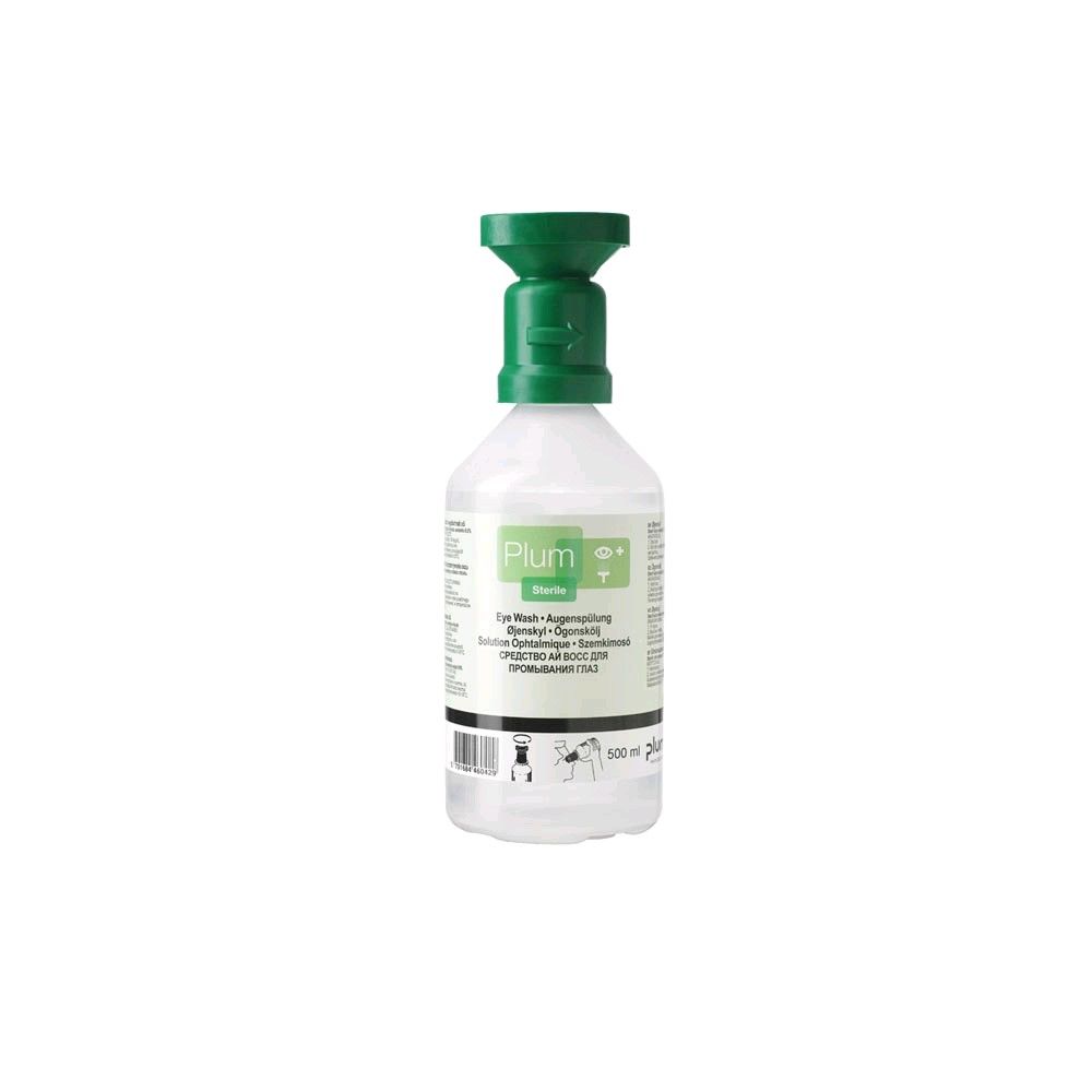 Augenspülflasche mit grüner Kappe, Etikett sichtbar, transparenter Flaschenkörper, 500 ml