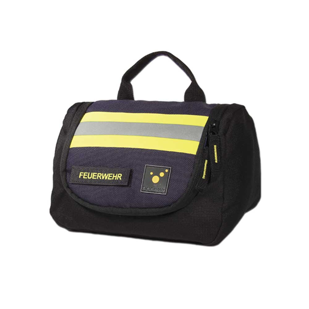 Aufhängbare Kulturtasche mit Frontklappe, gelb-schwarzen Streifen & Feuerwehr-Patch
