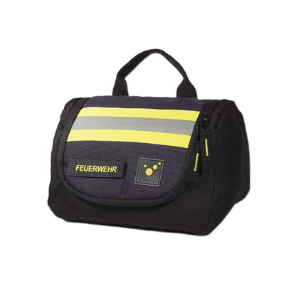 Aufhängbare Kulturtasche mit Frontklappe, gelb-schwarzen Streifen & Feuerwehr-Patch