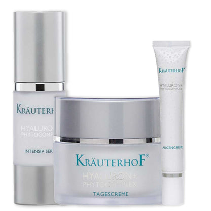 Hautpflege-Set mit Hyaluron: Serum-Flasche, Tagescreme-Dose und Augencreme-Tube von Kräuterhof