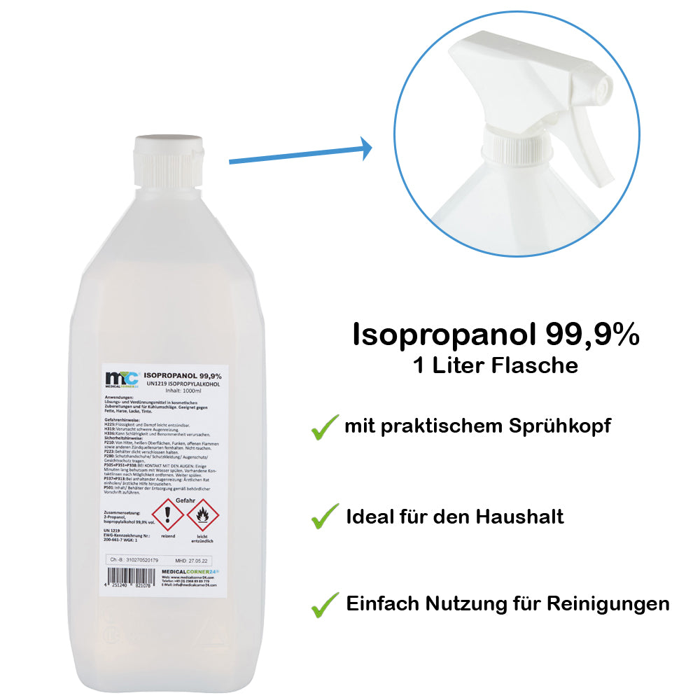 1‑Liter Isopropanol-Flasche mit Sprühkopf, weißes Kunststoffdesign