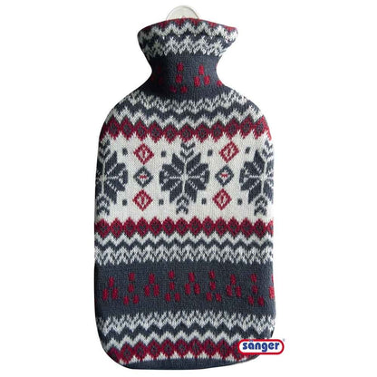 Gummi-Wärmflasche mit Strickbezug, dunkelblau-graues Norwegermuster